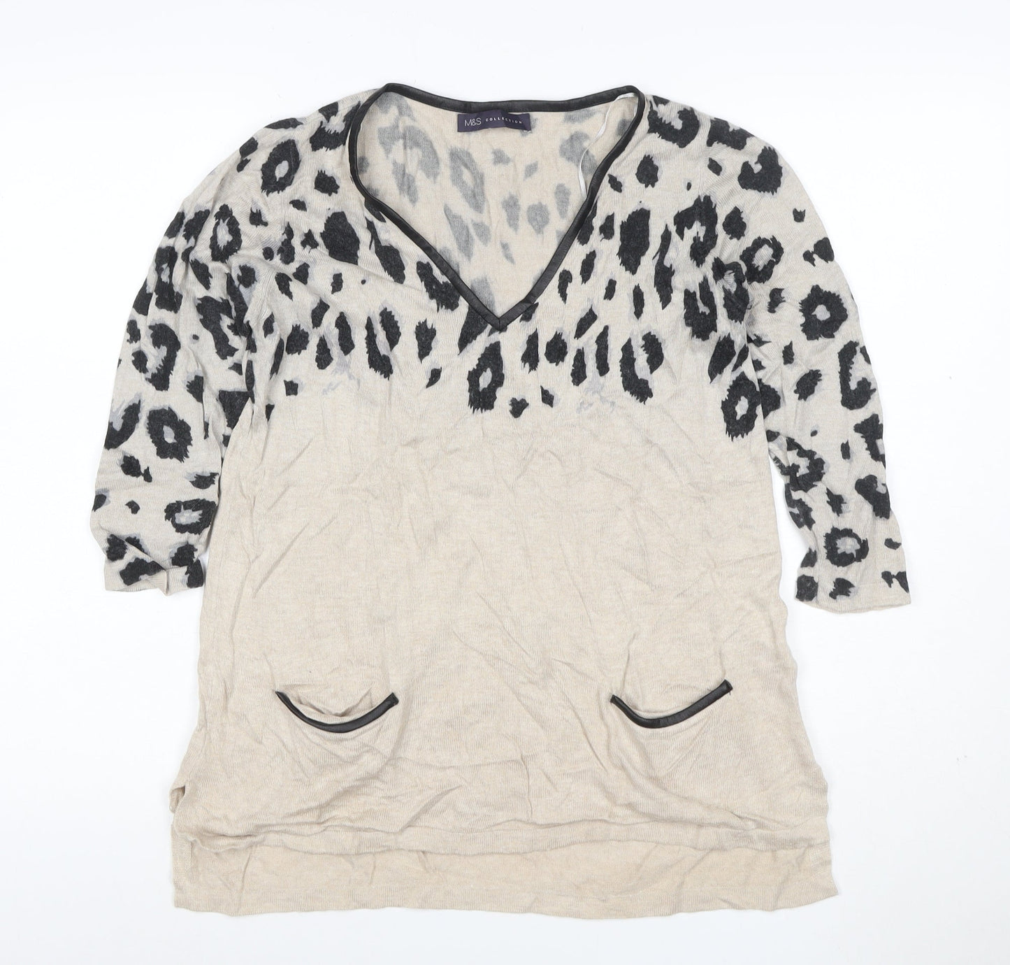 M&S Women Beige Leopard Print V-Neck Long Sleeve Tunic Top UK 10