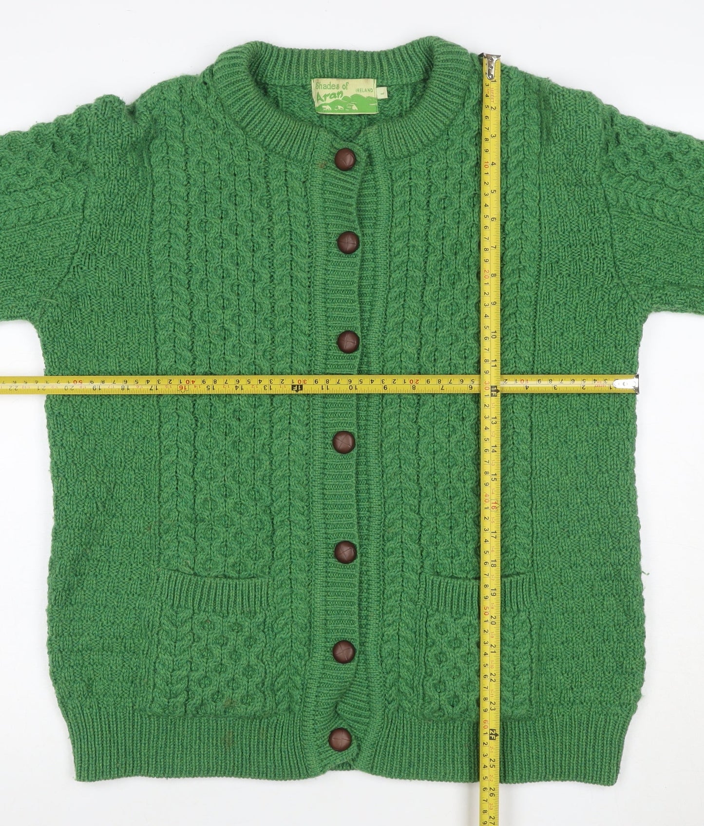 Shades of Aran Women Green L Merino Wool Cable Knit Cardigan
