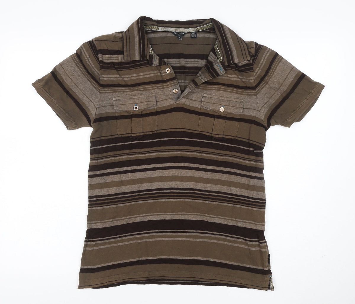 Back view of Ted Baker Men’s Brown Striped Polo Shirt, size L, Short Sleeve