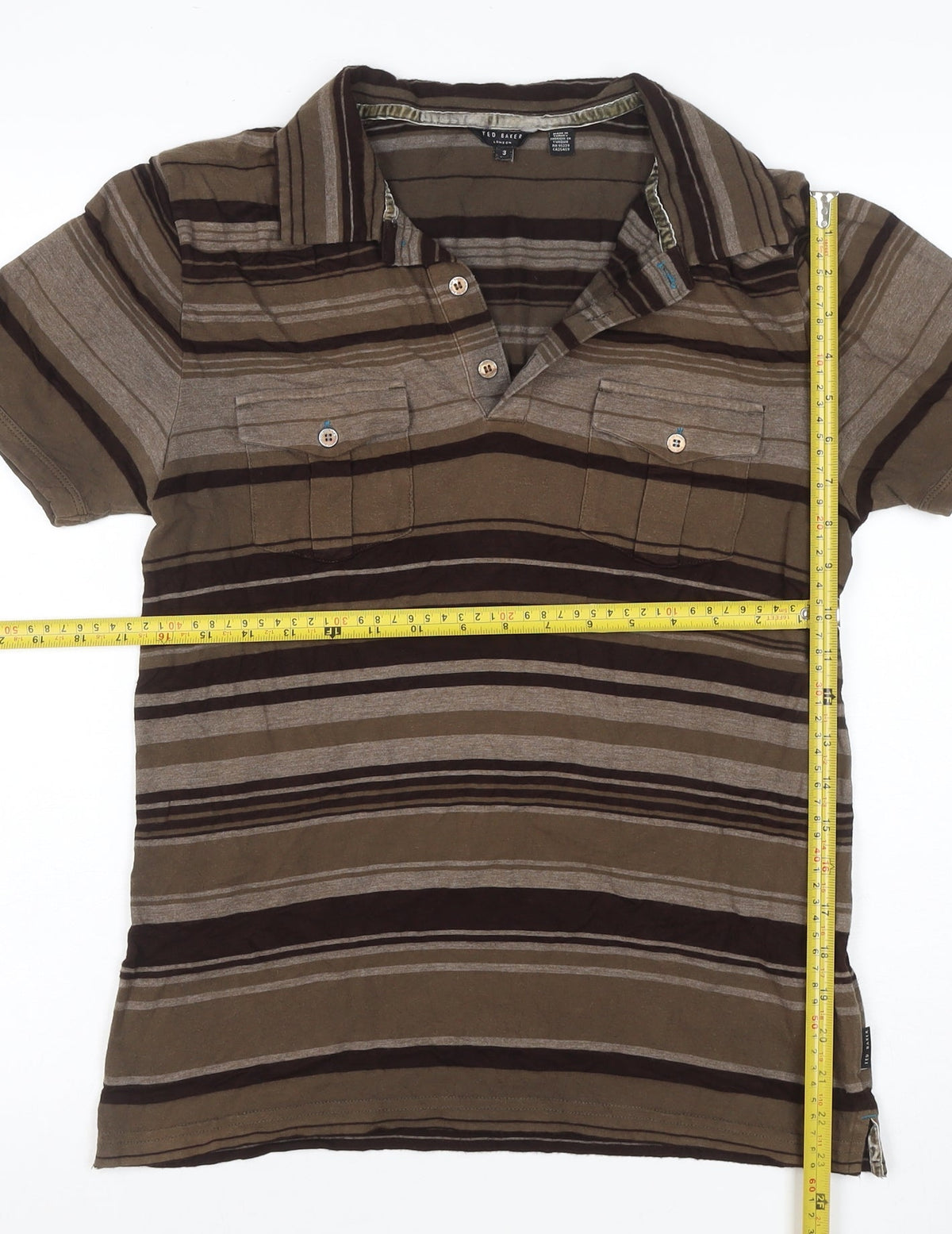 Brand and care label for Ted Baker Men’s Brown Striped Polo Shirt, size L, Short Sleeve