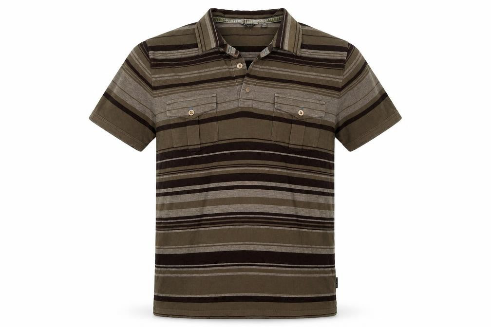 Front view of Ted Baker Men’s Brown Striped Polo Shirt, size L, Short Sleeve