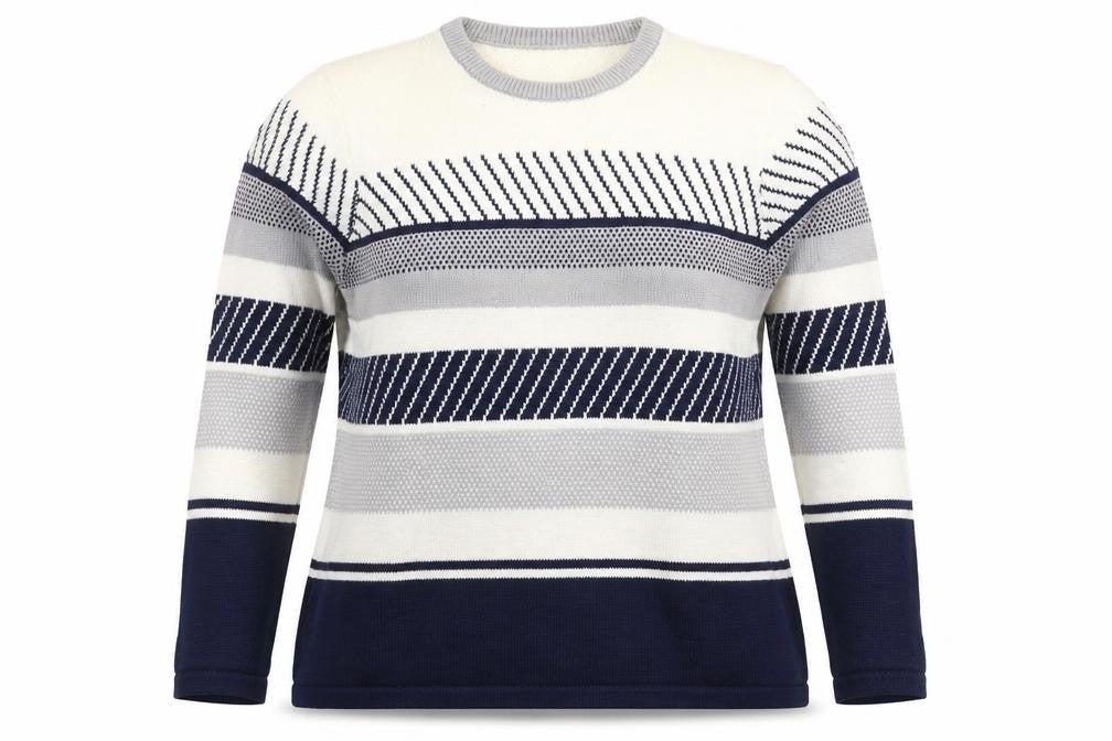Sunday Women’s Navy Grey White Striped Knit Jumper XL Crew Neck