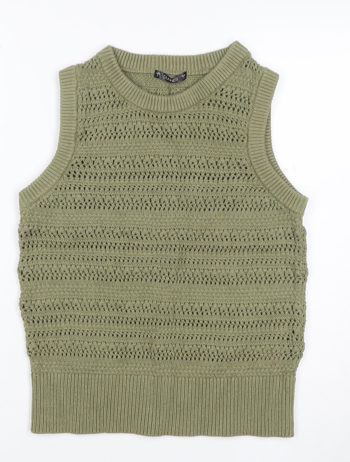 Dunnes Women Green Khaki Size 8 Open-Knit Sleeveless Jumper Vest