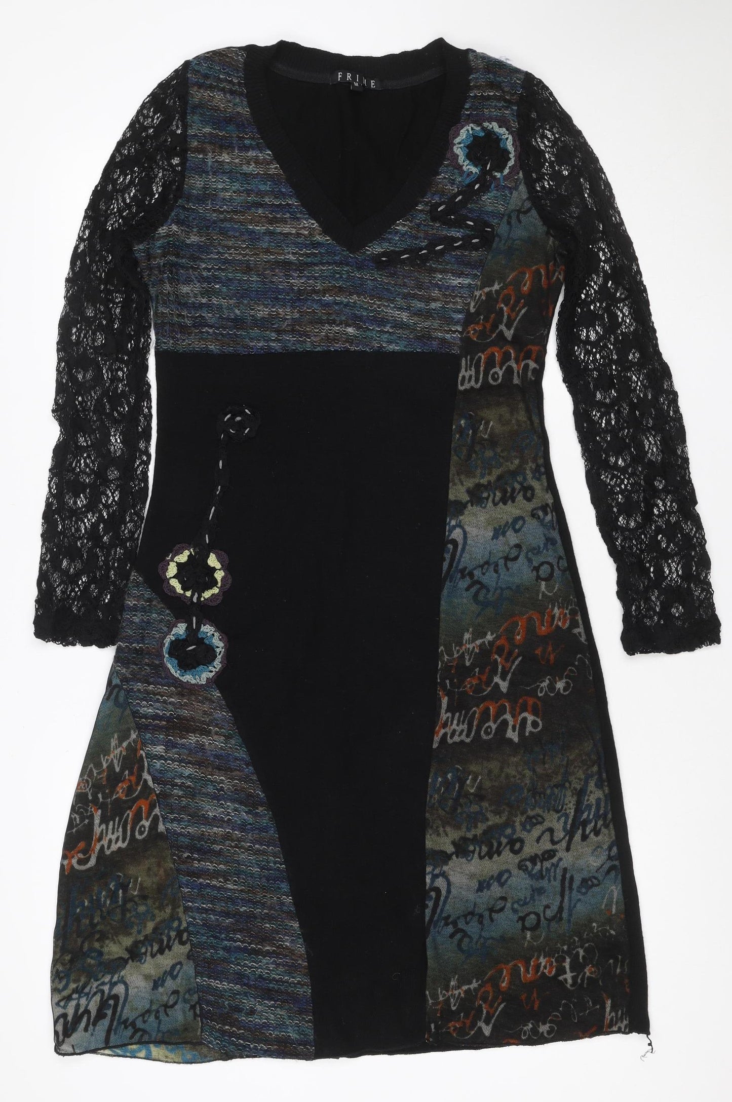 Frime Women’s Multicoloured M Sheath Knit Lace Sleeve Dress