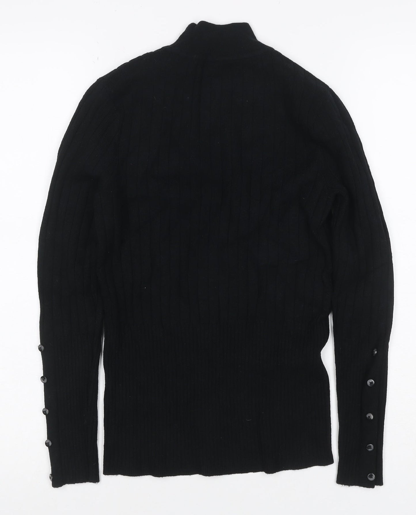 M&S Women Black UK 10 Ribbed Roll Neck Button Sleeve Jumper