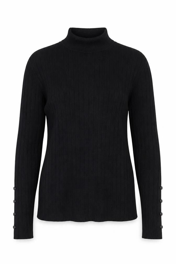 M&S Women Black UK 10 Ribbed Roll Neck Button Sleeve Jumper