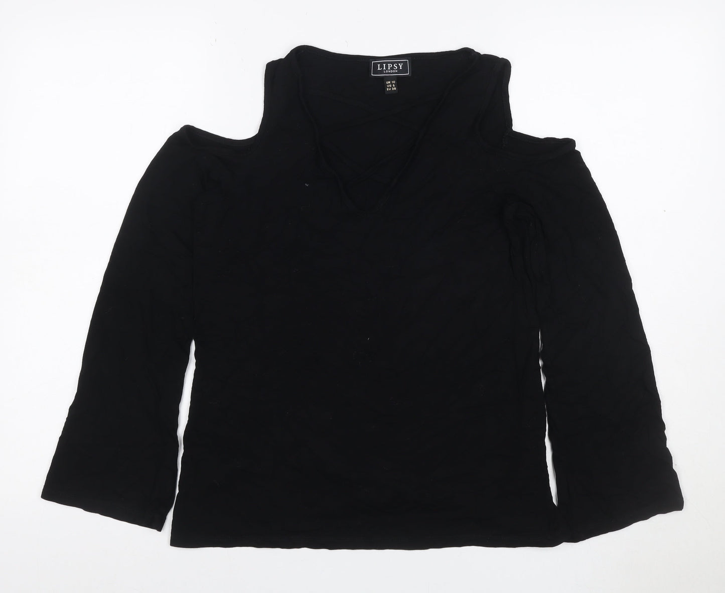 Lipsy Women Black UK 10 Cold Shoulder V-Neck Stretch Blouse