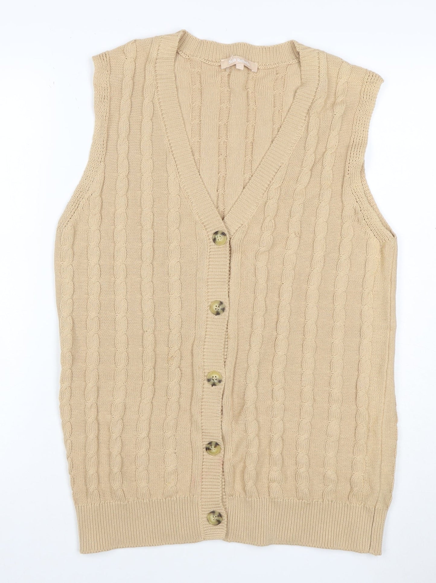 Soft Rebels Women Beige S Cable-Knit V-Neck Button Vest Cardigan