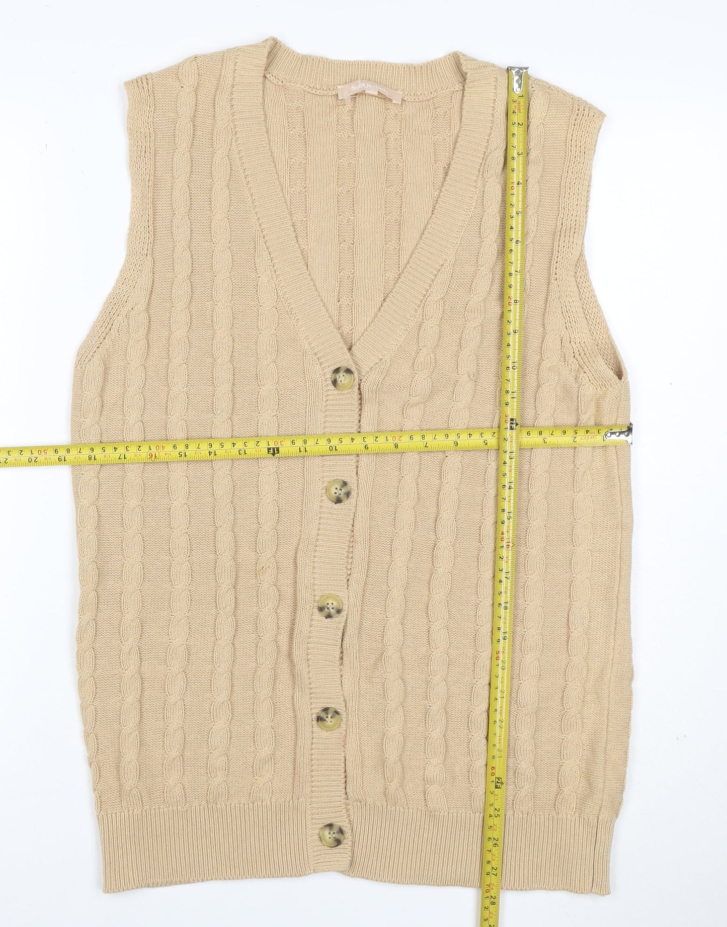Soft Rebels Women Beige S Cable-Knit V-Neck Button Vest Cardigan