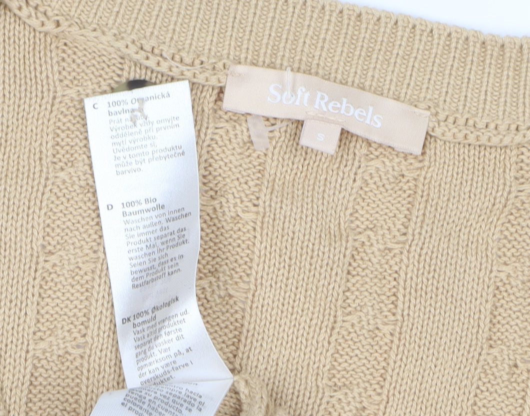 Soft Rebels Women Beige S Cable-Knit V-Neck Button Vest Cardigan