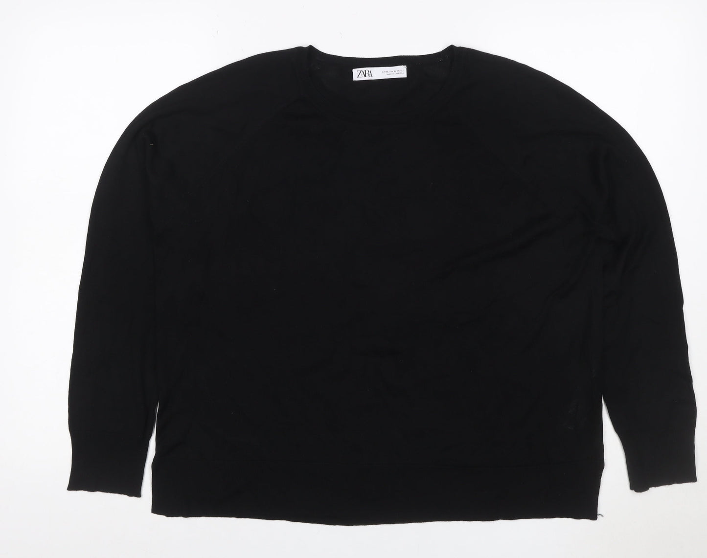 Zara Women Black UK 16 Basic Knit Long Sleeve Crew Neck Top