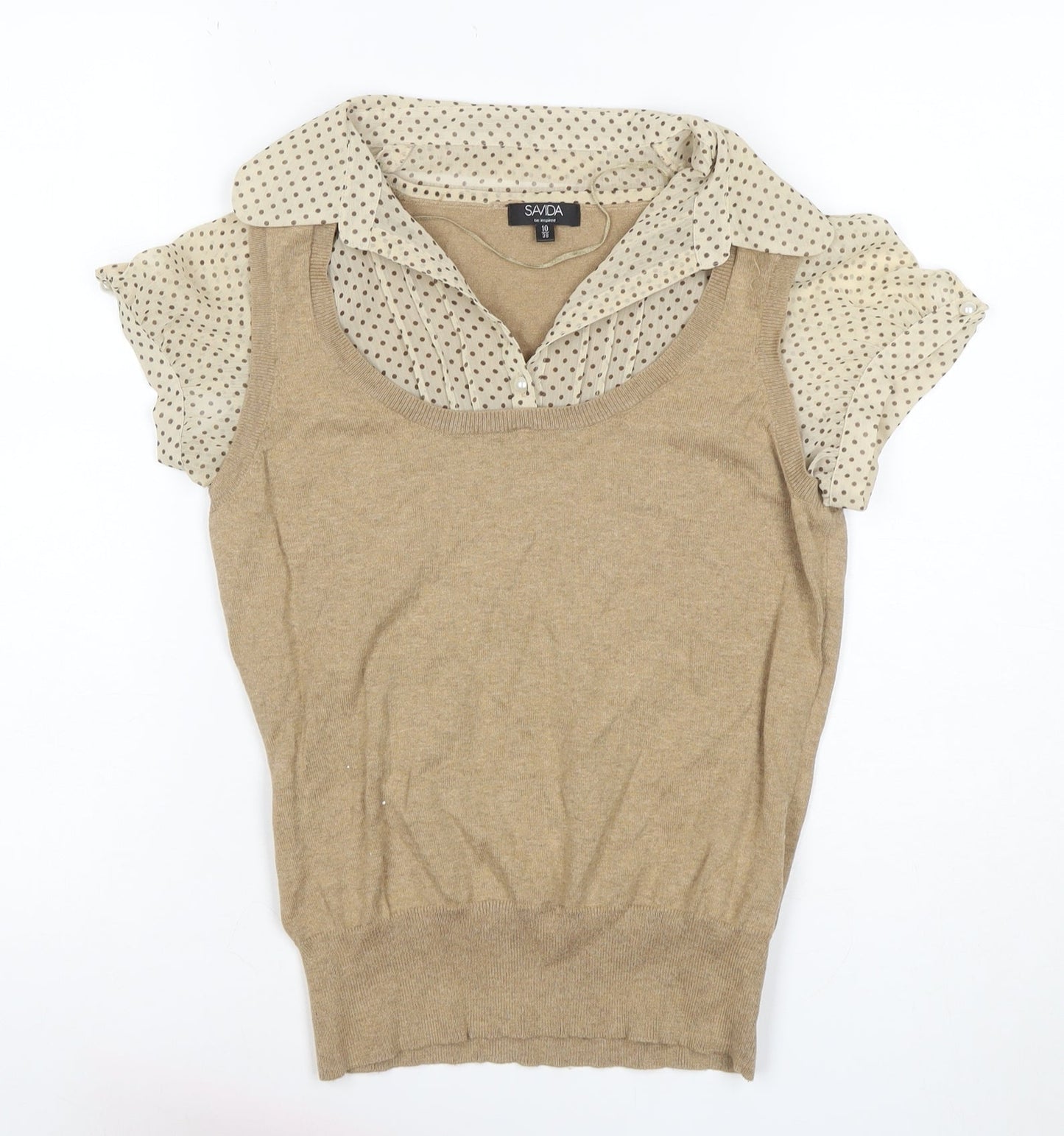 Savida Women’s Beige UK 10 Layered Polka Dot Collared Knit Blouse