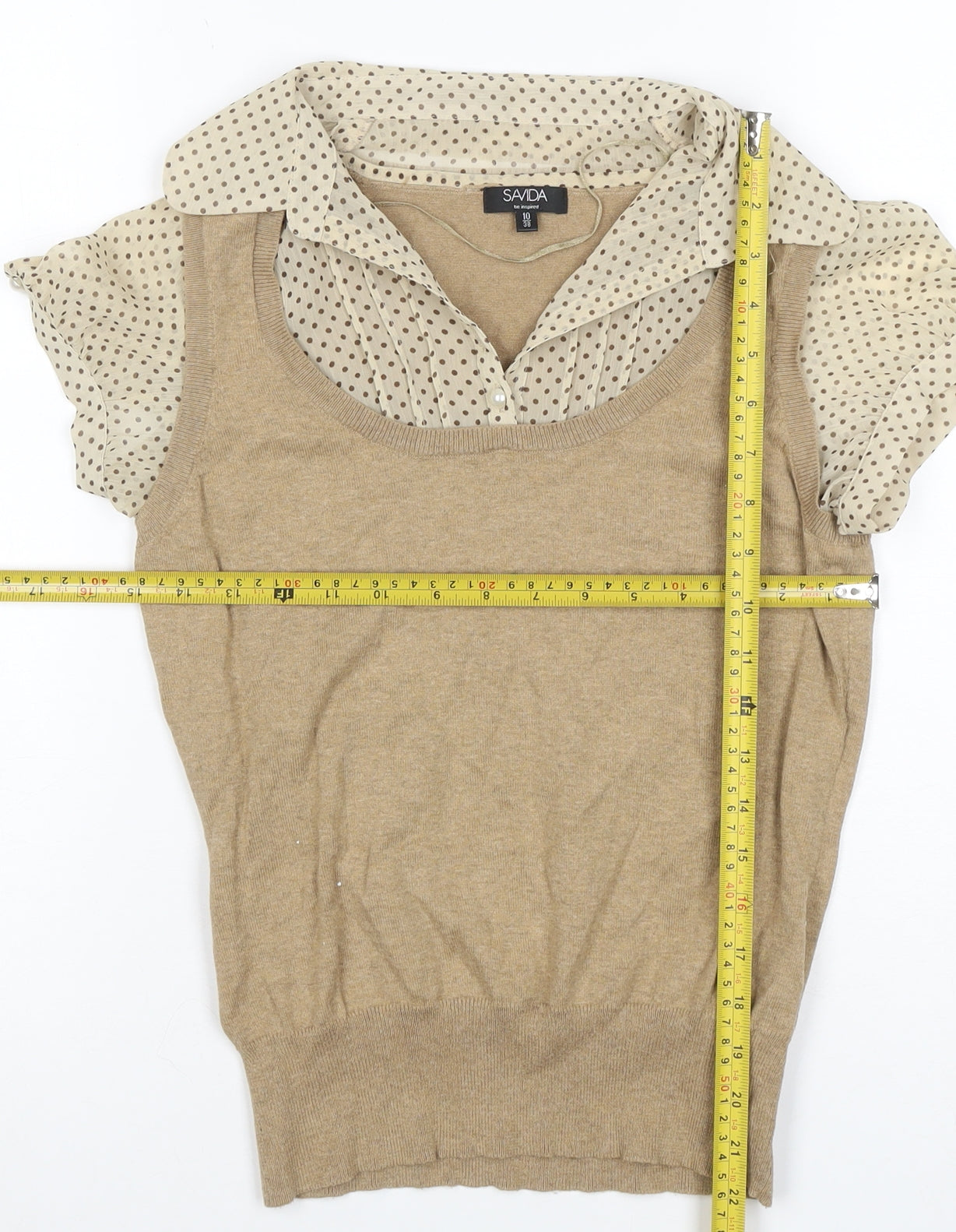 Savida Women’s Beige UK 10 Layered Polka Dot Collared Knit Blouse