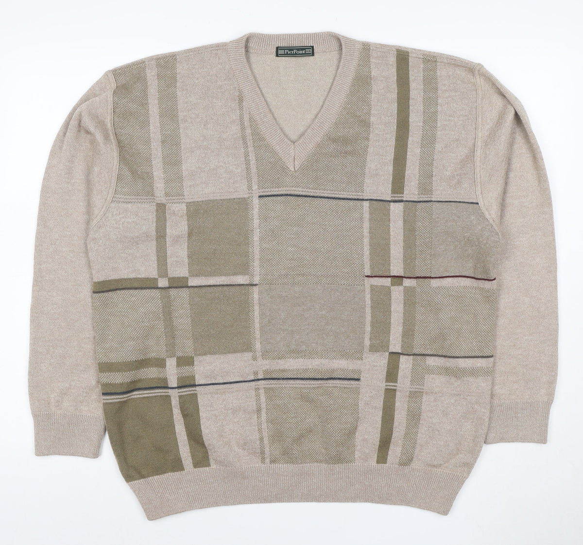 Back view of PierPoint Men's Beige XL V-Neck Geometric Knit jumper