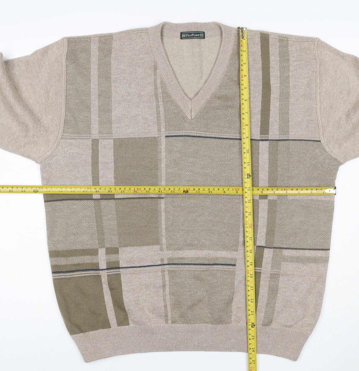 Brand and care label for PierPoint Men's Beige XL V-Neck Geometric Knit jumper