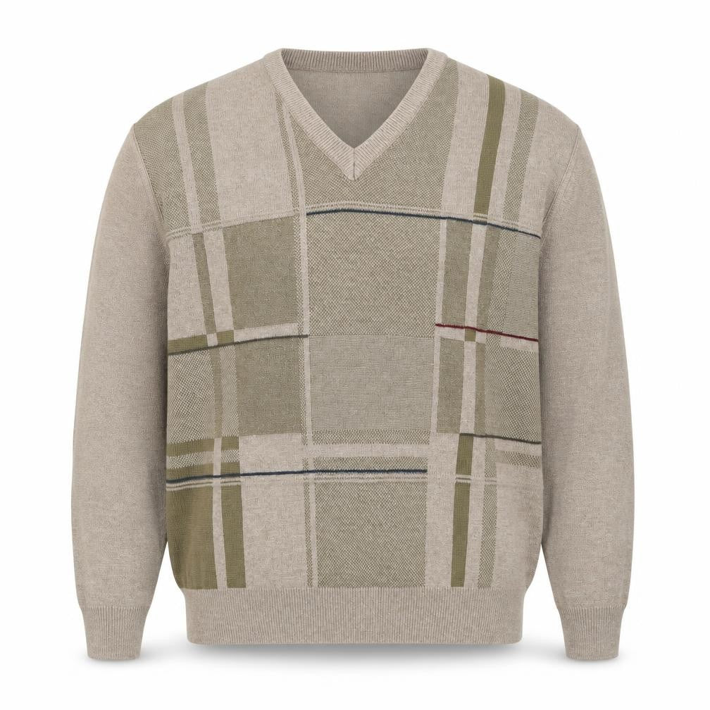 Front view of PierPoint Men's Beige XL V-Neck Geometric Knit jumper