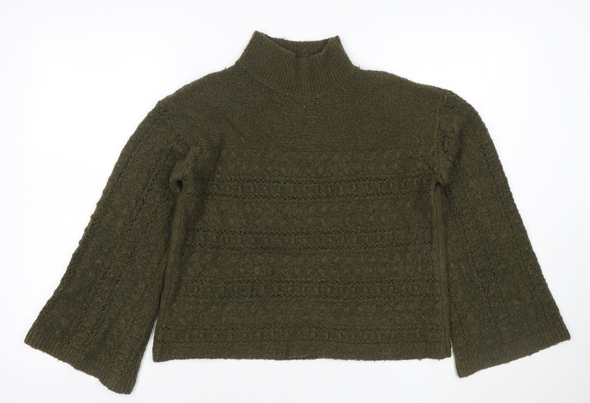 Front view of Gallery Women Green S Mock Neck Bouclé Knit Pocket Jumper Bell Sleeve