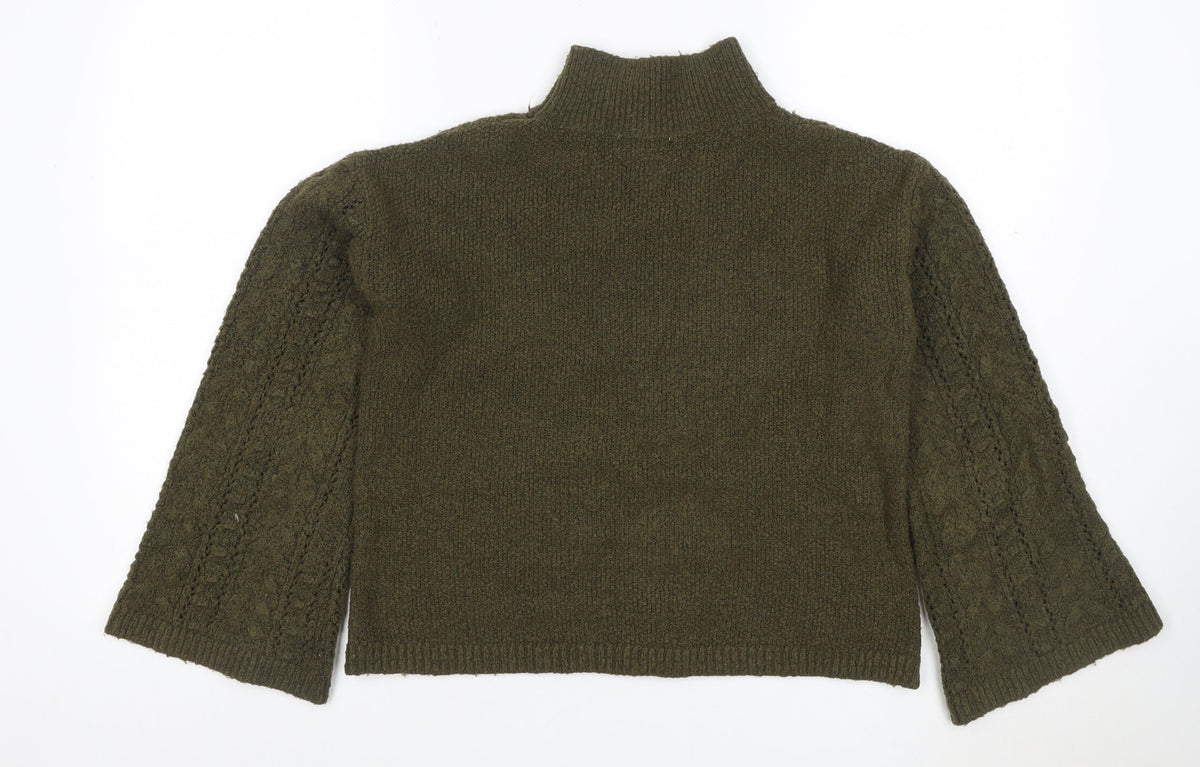 Back view of Gallery Women Green S Mock Neck Bouclé Knit Pocket Jumper Bell Sleeve