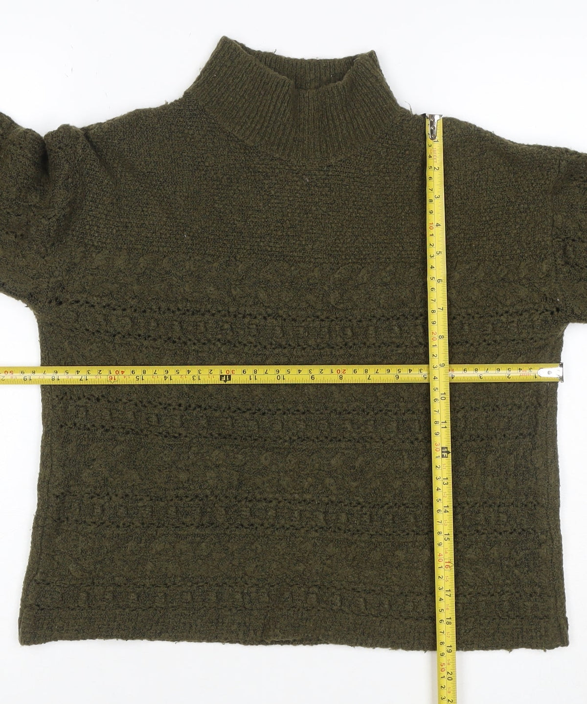 Close-up detail of Gallery Women Green S Mock Neck Bouclé Knit Pocket Jumper Bell Sleeve