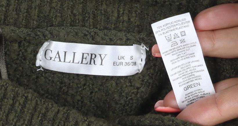 Brand and care label for Gallery Women Green S Mock Neck Bouclé Knit Pocket Jumper Bell Sleeve