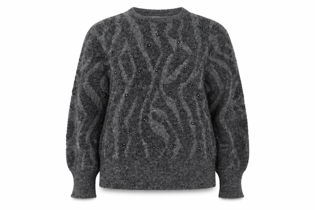 Gallery Women Grey M Cable Knit Beaded Crew Neck Jumper