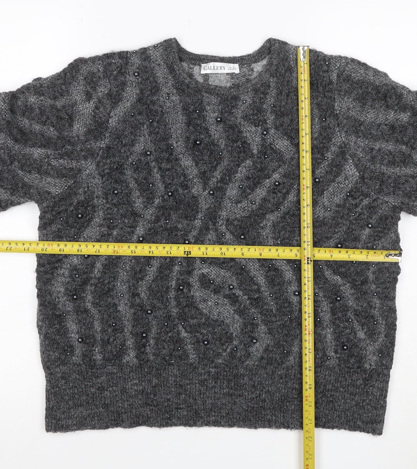 Gallery Women Grey M Cable Knit Beaded Crew Neck Jumper