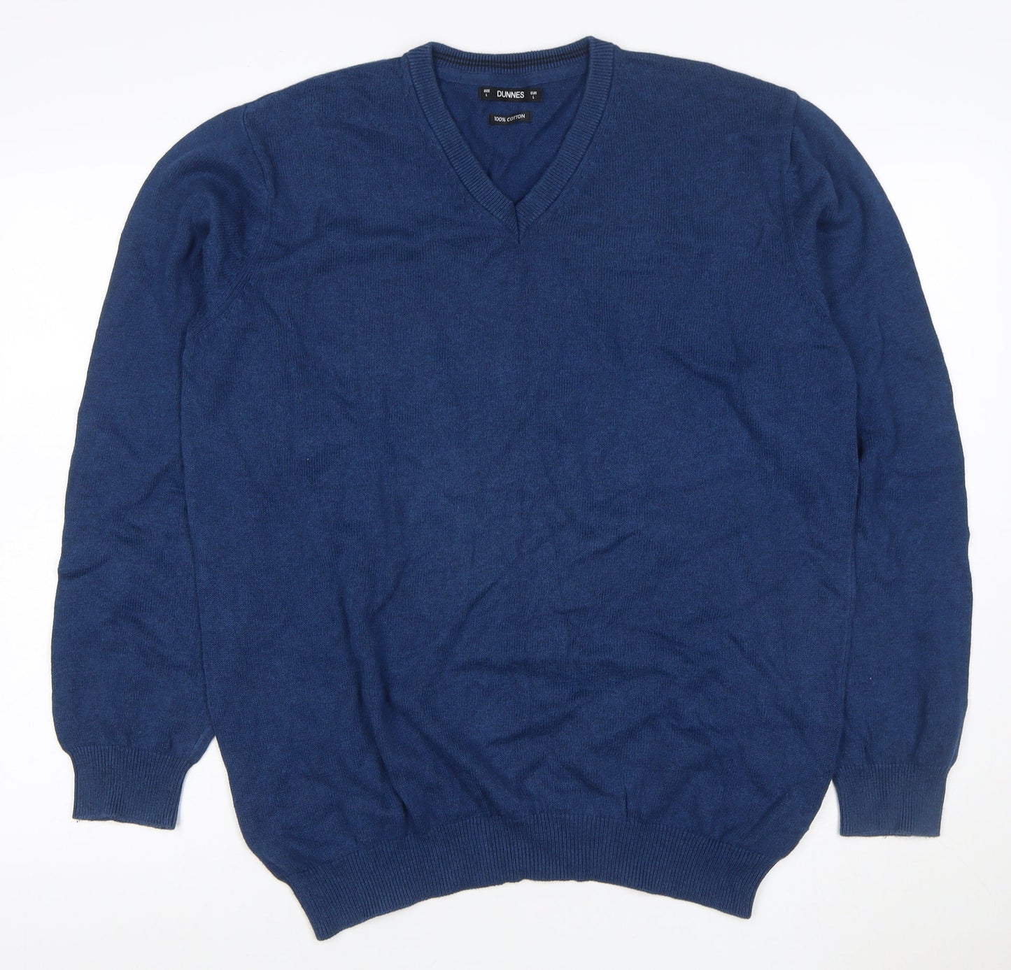 Dunnes Men’s Blue L V-Neck 100% Cotton Knit Pullover Jumper Classic