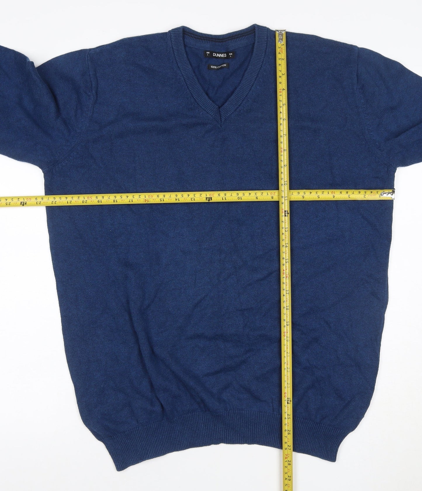 Dunnes Men’s Blue L V-Neck 100% Cotton Knit Pullover Jumper Classic
