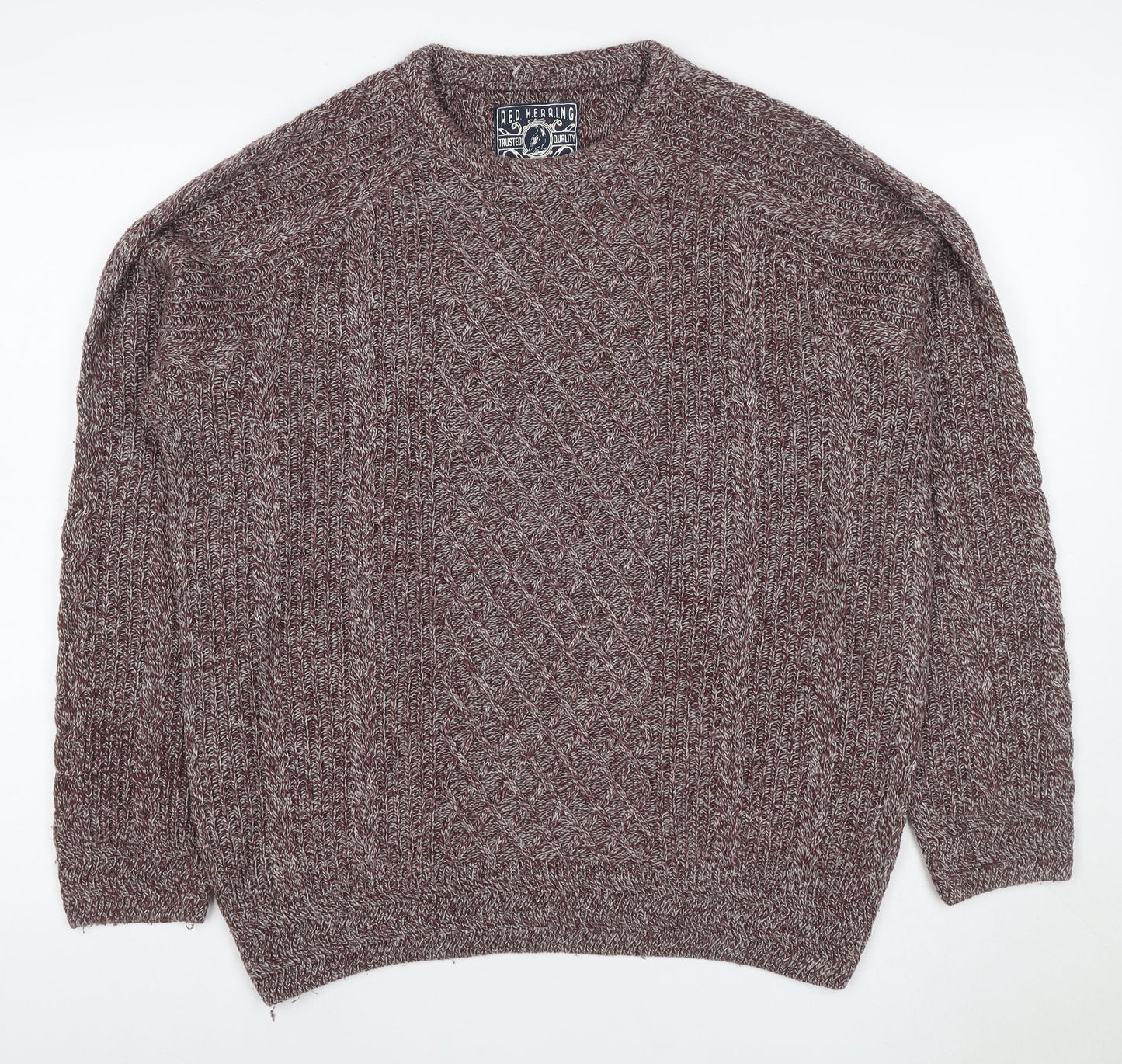 Red Herring Men Brown M Cable Knit Wool Blend V-Neck Pullover Jumper