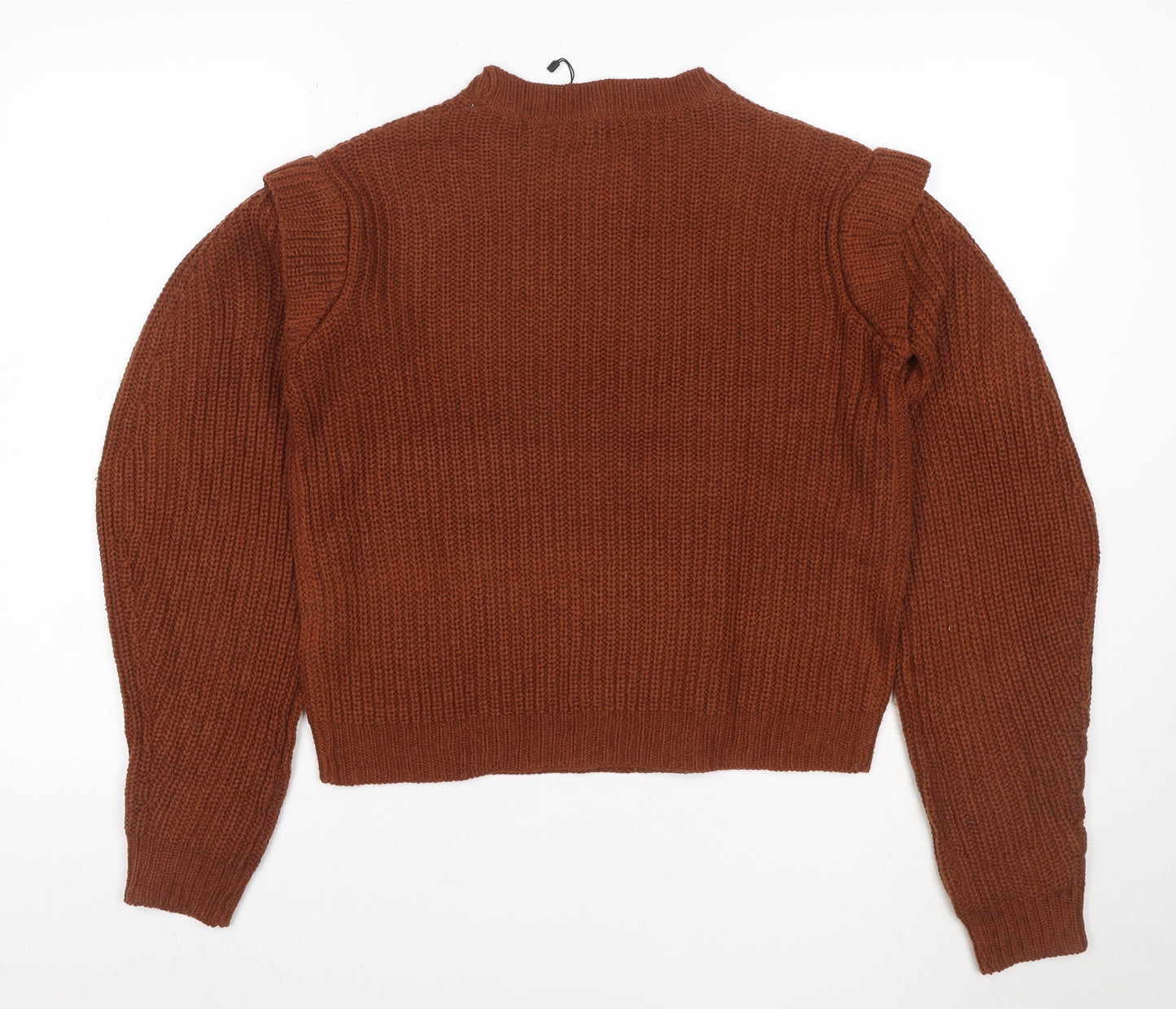 Boohoo Women Brown S Ruffle Shoulder Crew Neck Chunky Knit Jumper