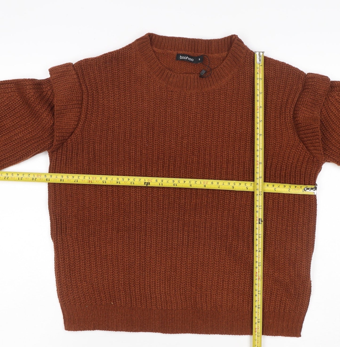 Boohoo Women Brown S Ruffle Shoulder Crew Neck Chunky Knit Jumper