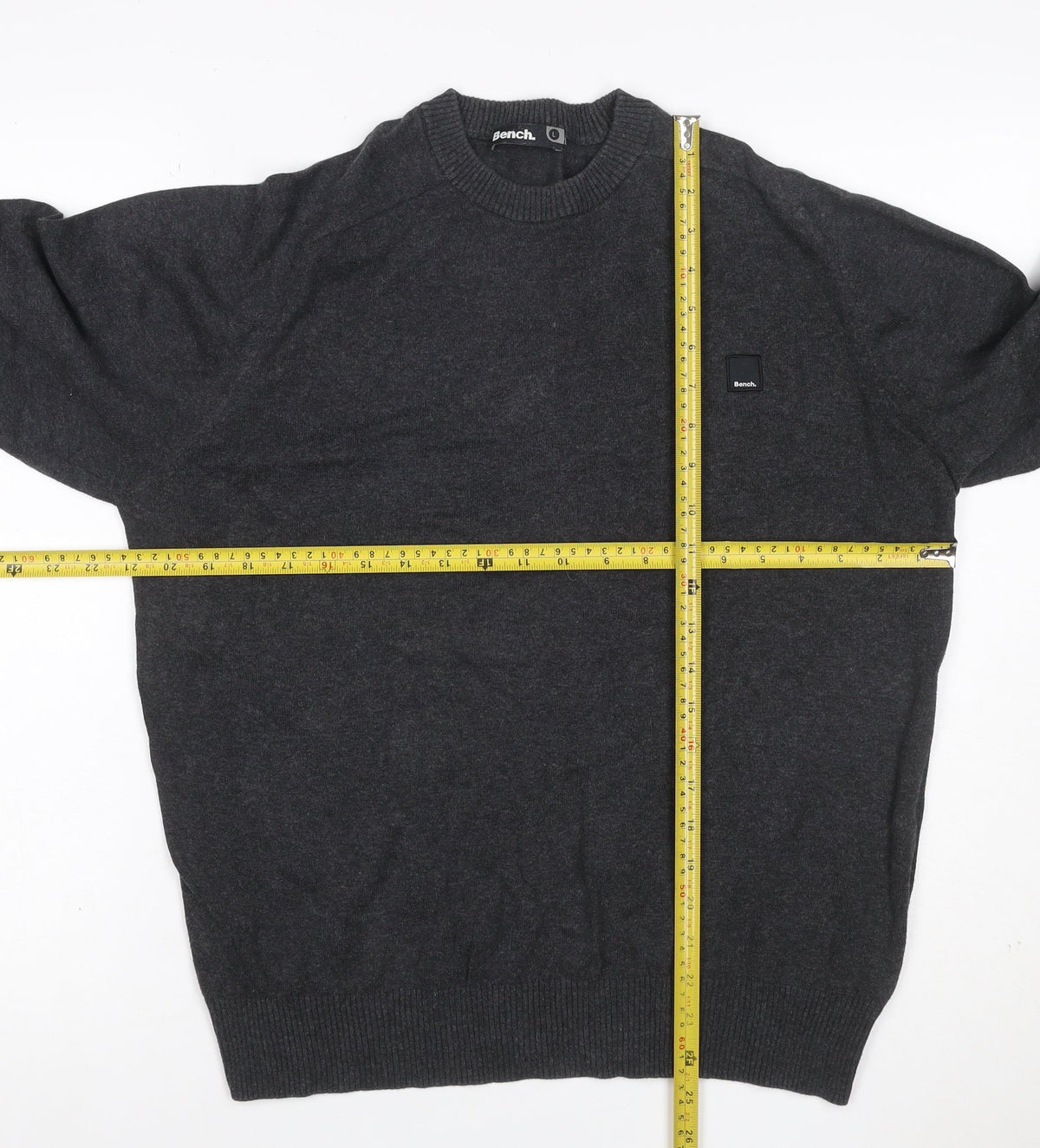 Brand and care label for Bench. Men’s Grey L Crew Neck Logo Knit jumper