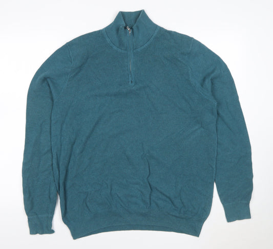 John Lewis Men’s Blue L Quarter Zip Cotton Knit Jumper High Neck
