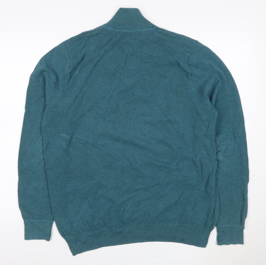 John Lewis Men’s Blue L Quarter Zip Cotton Knit Jumper High Neck