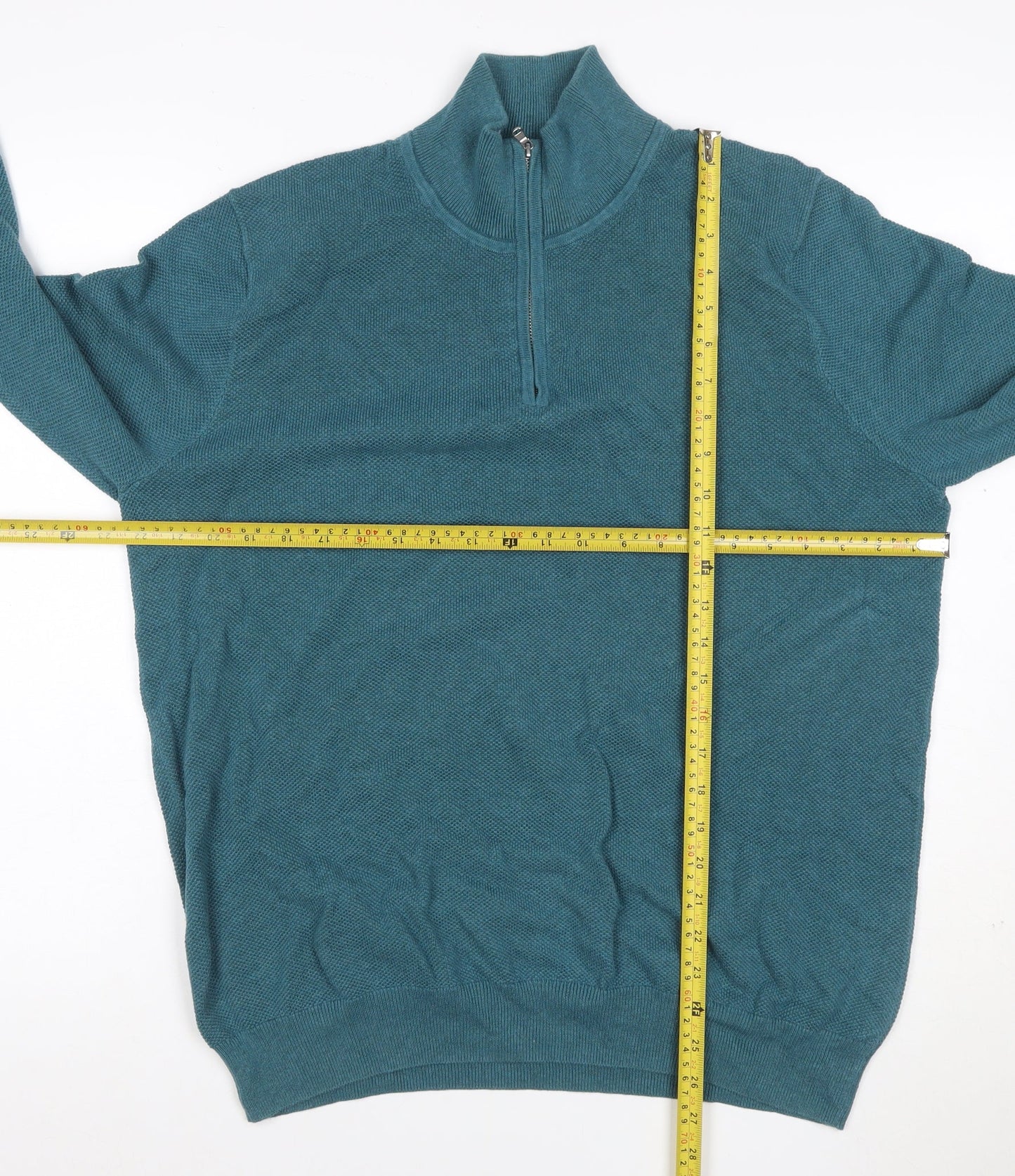 John Lewis Men’s Blue L Quarter Zip Cotton Knit Jumper High Neck