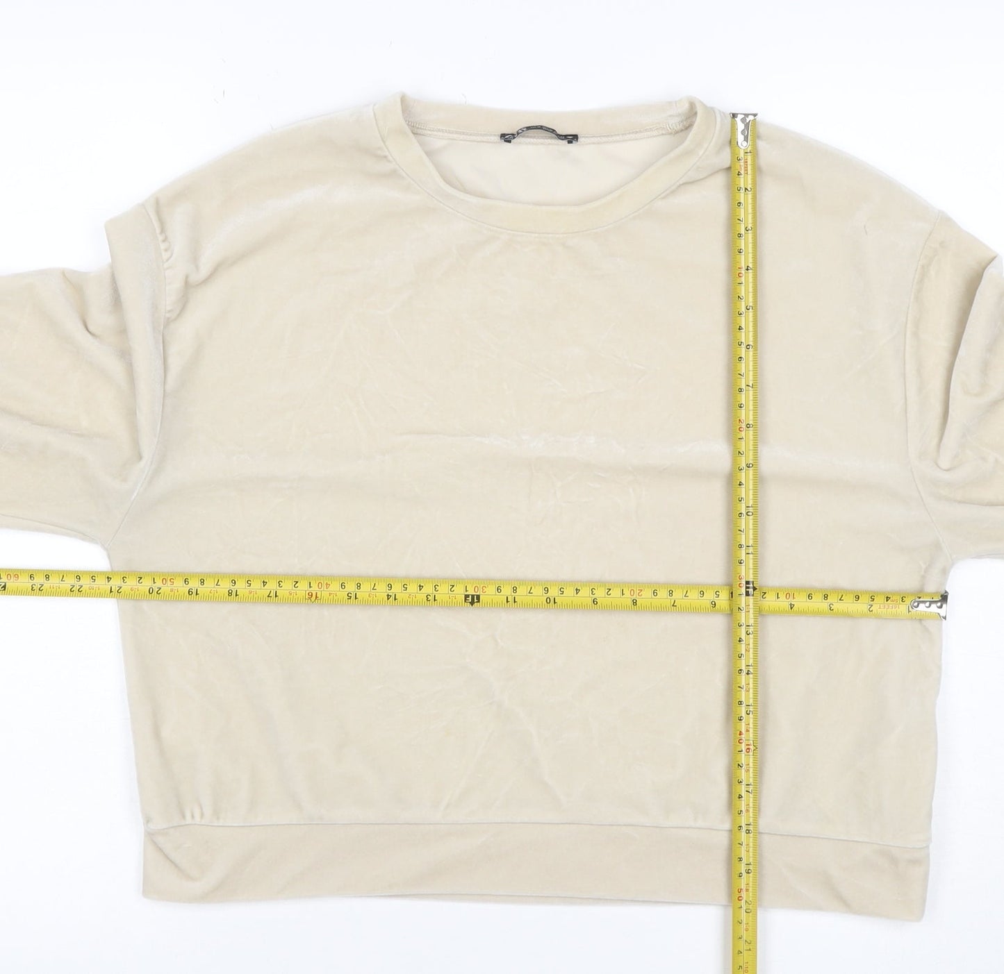 Zara Women Ivory Velour Sweatshirt M Pullover Balloon Sleeve Stretch