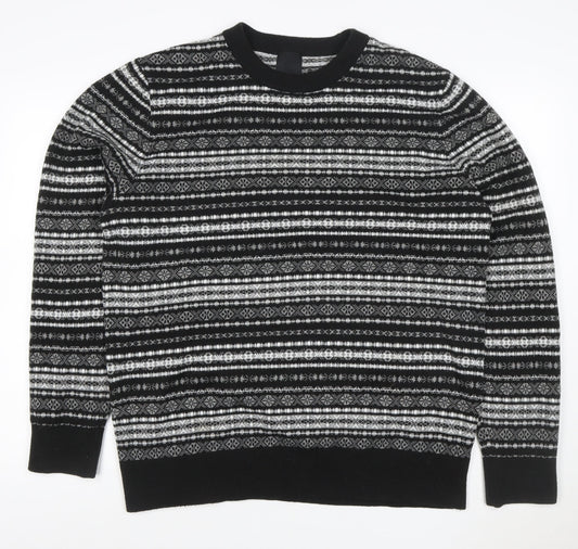 H&M Men Black Grey XL Fair Isle Knit Pullover Jumper Crew Neck