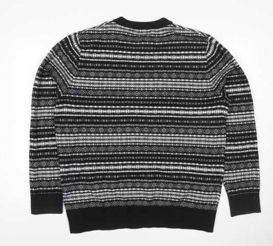 H&M Men Black Grey XL Fair Isle Knit Pullover Jumper Crew Neck