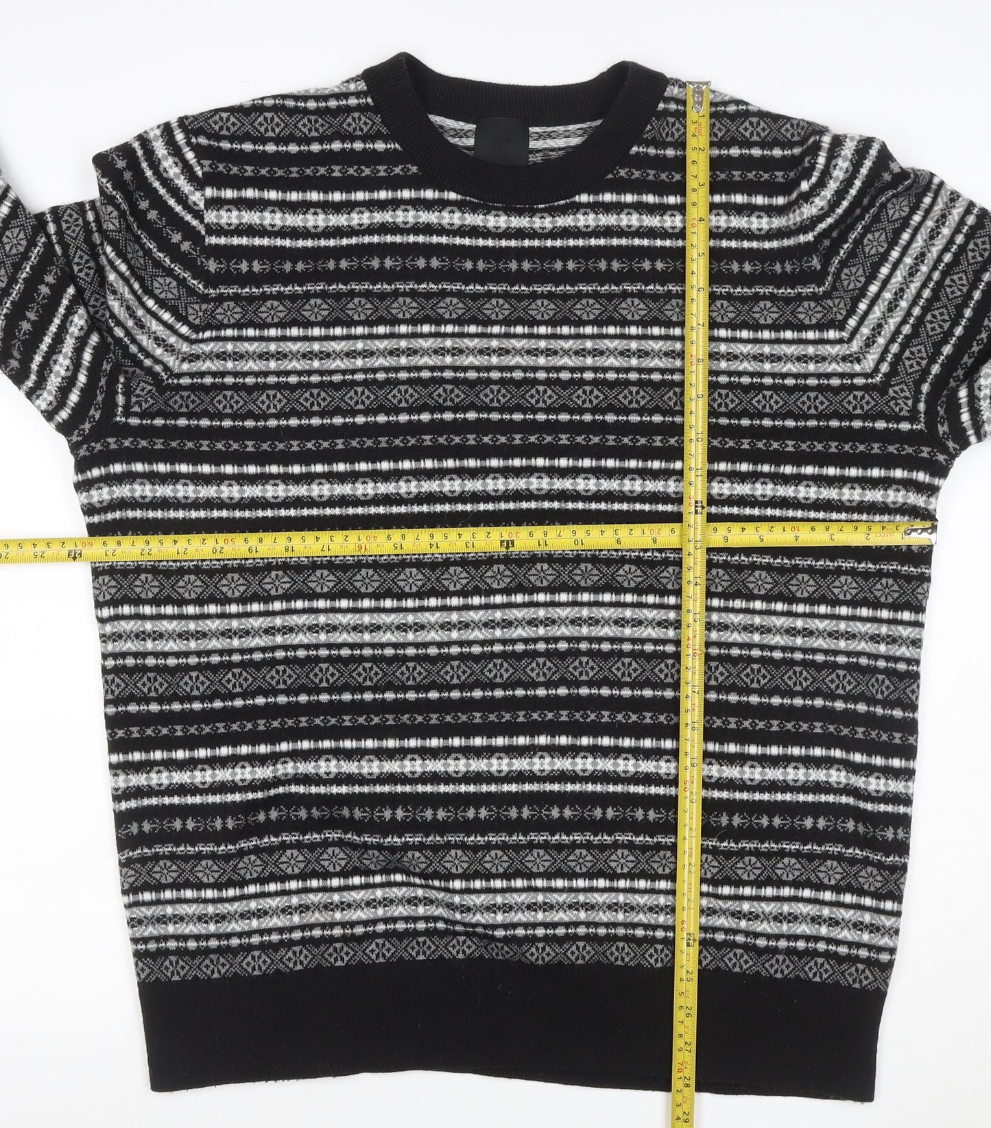 H&M Men Black Grey XL Fair Isle Knit Pullover Jumper Crew Neck
