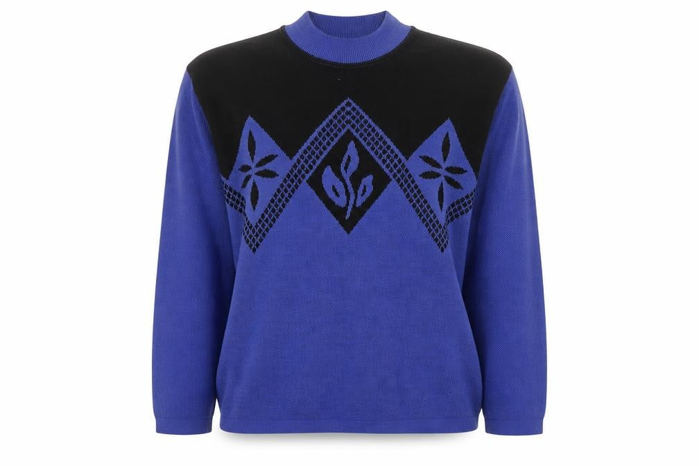 C&A Women Blue Black Geometric Knit Mock Neck Jumper Size M