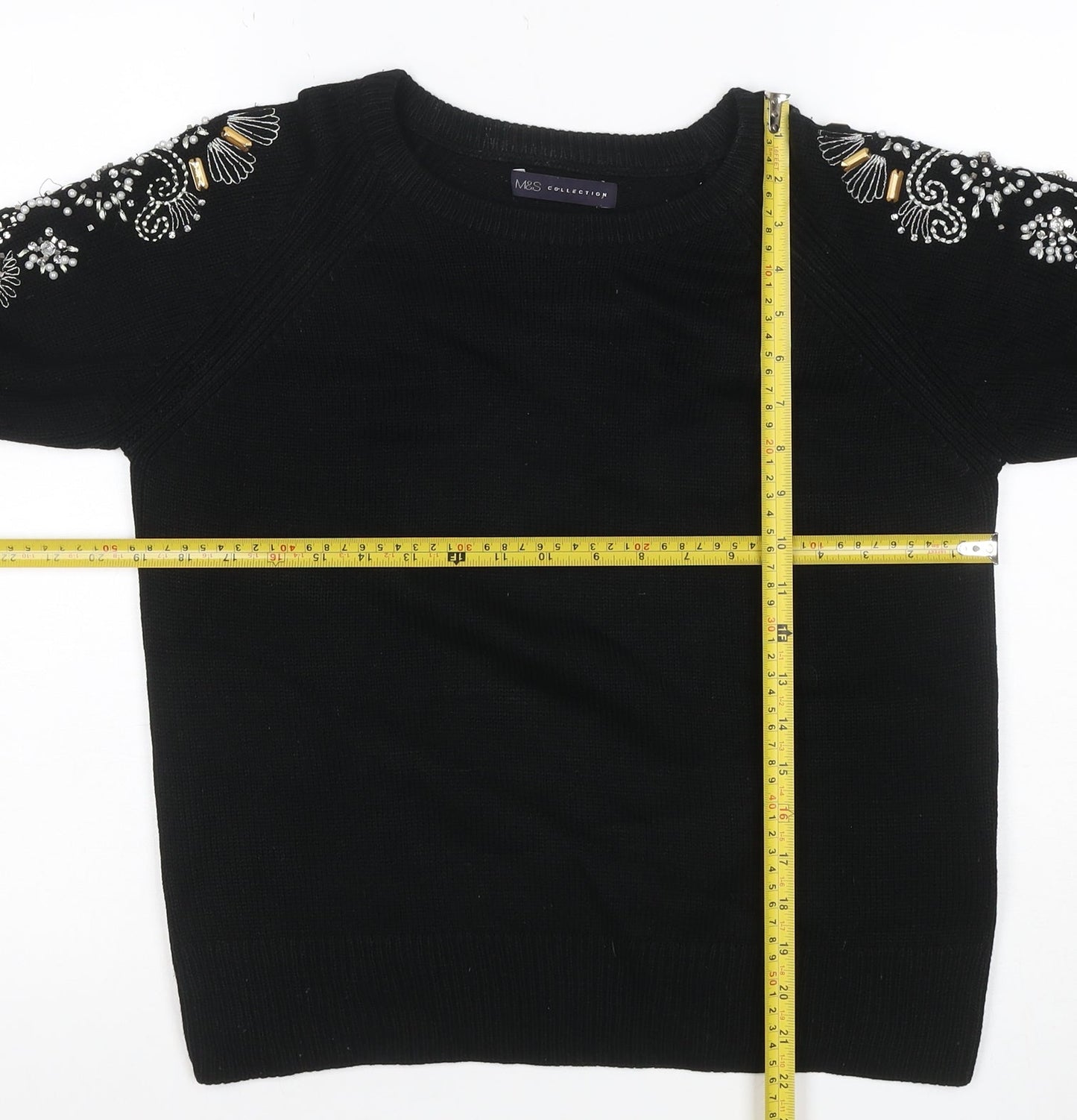 M&S Women Black S Embellished Floral Beaded Crew Neck Jumper