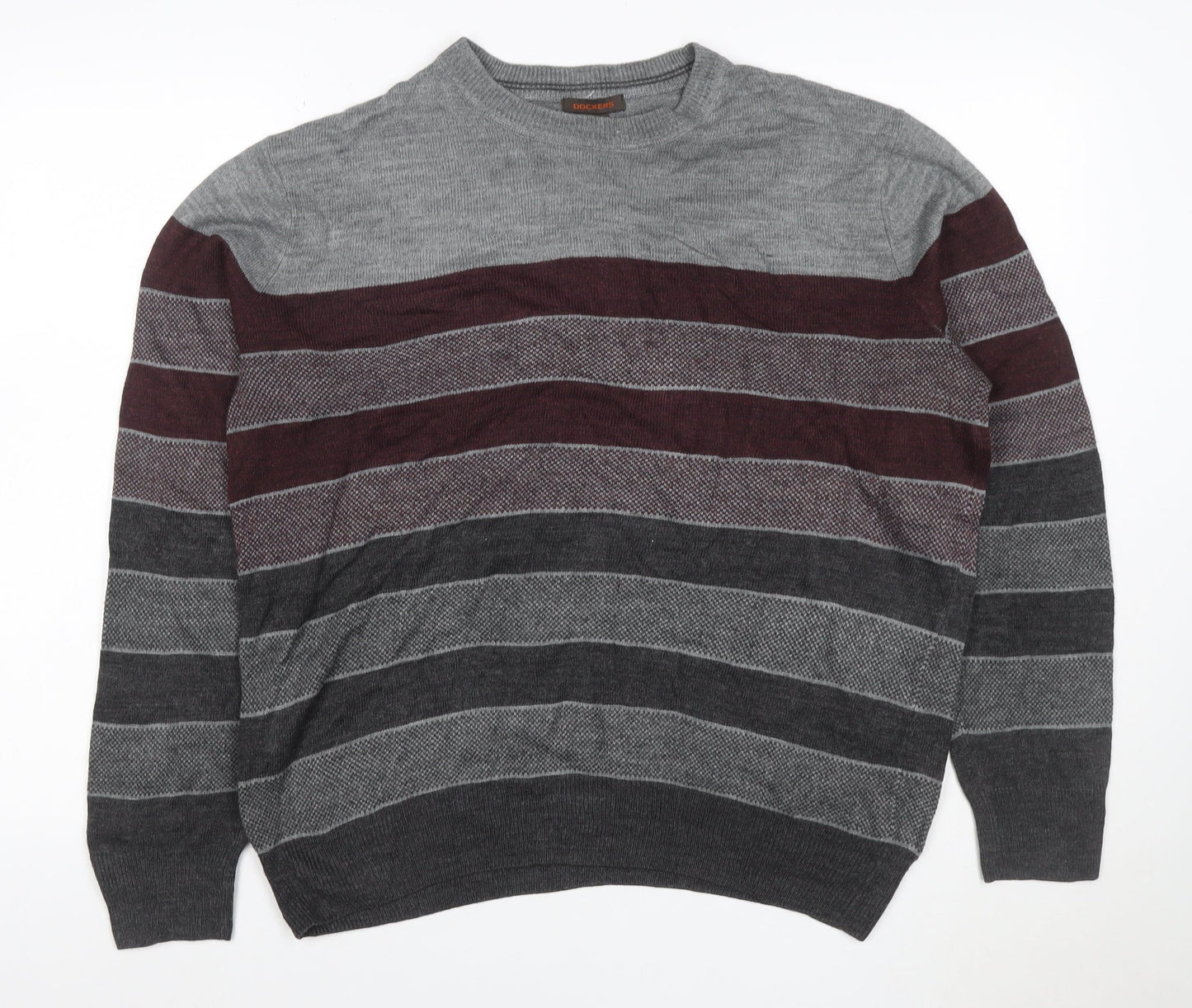 Dockers Men's Grey Burgundy M Crew Neck Striped Acrylic Pullover Jumper