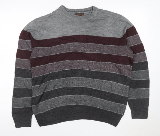 Dockers Men's Grey Burgundy M Crew Neck Striped Acrylic Pullover Jumper