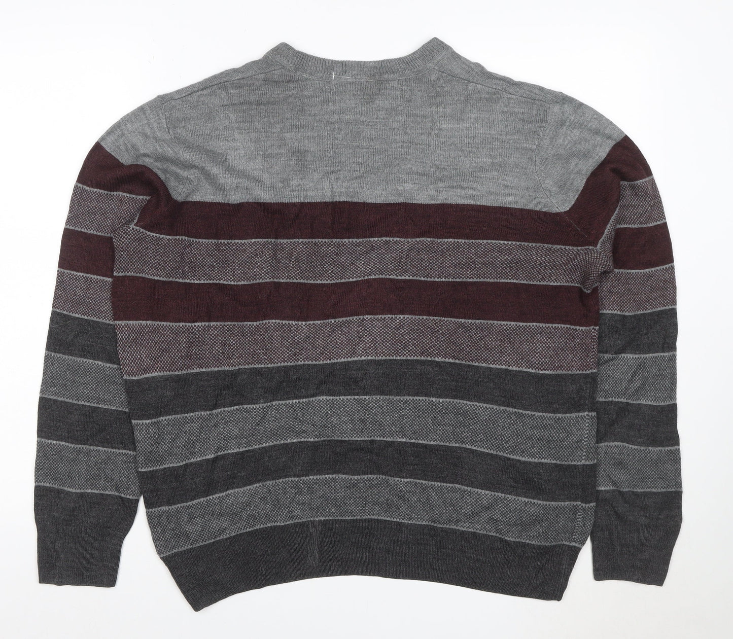 Dockers Men's Grey Burgundy M Crew Neck Striped Acrylic Pullover Jumper