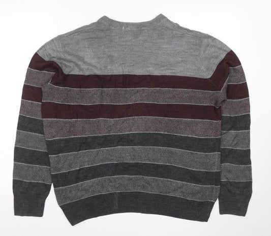 Dockers Men's Grey Burgundy M Crew Neck Striped Acrylic Pullover Jumper