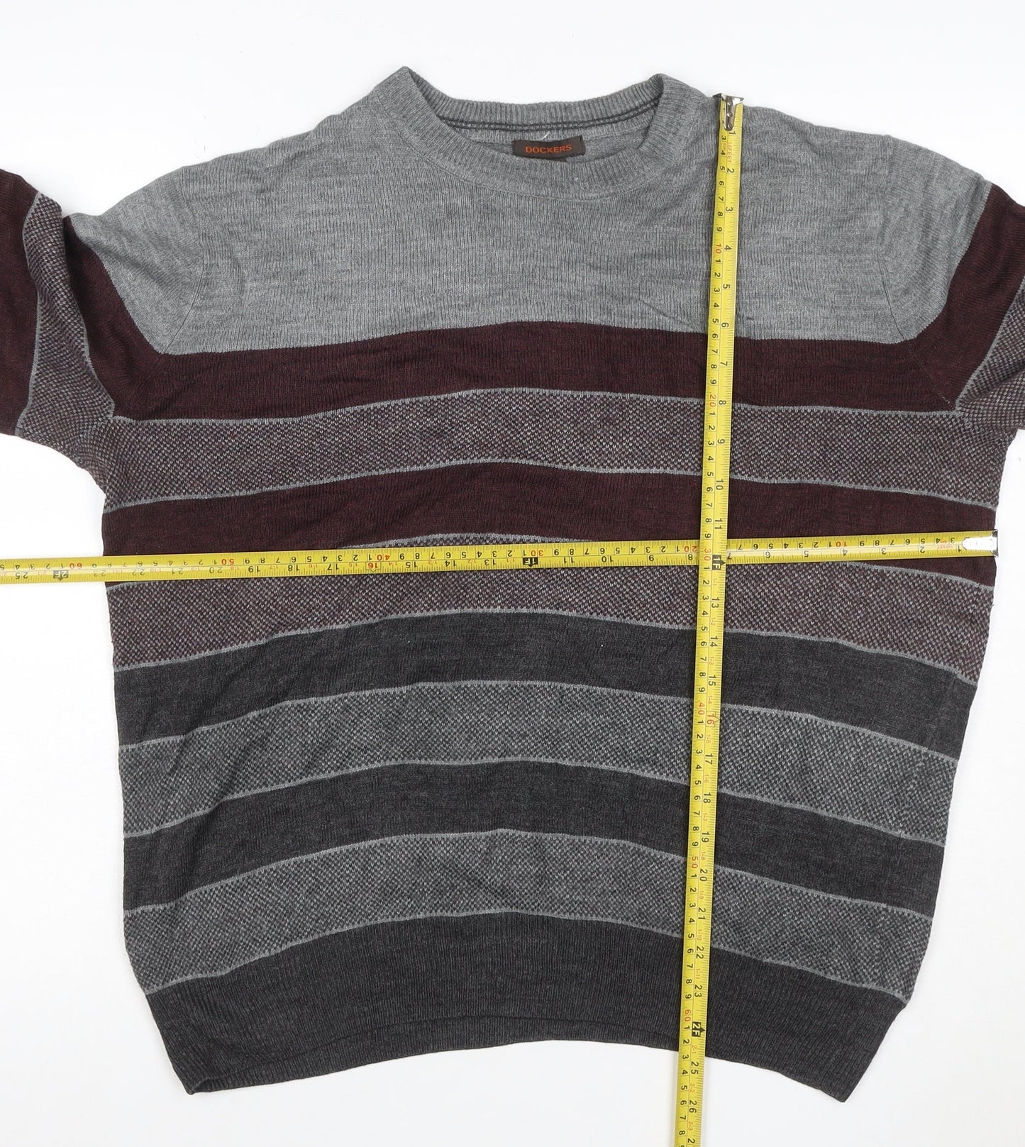 Dockers Men's Grey Burgundy M Crew Neck Striped Acrylic Pullover Jumper