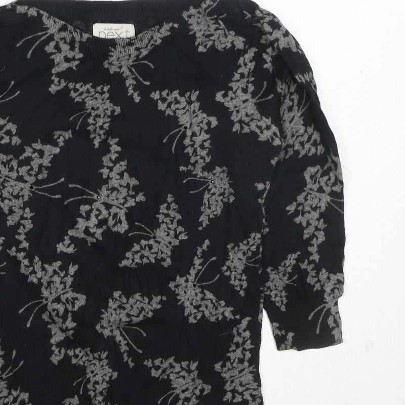Next Women Black Grey Floral Knit Top Size 8 3/4 Sleeve Crew Neck