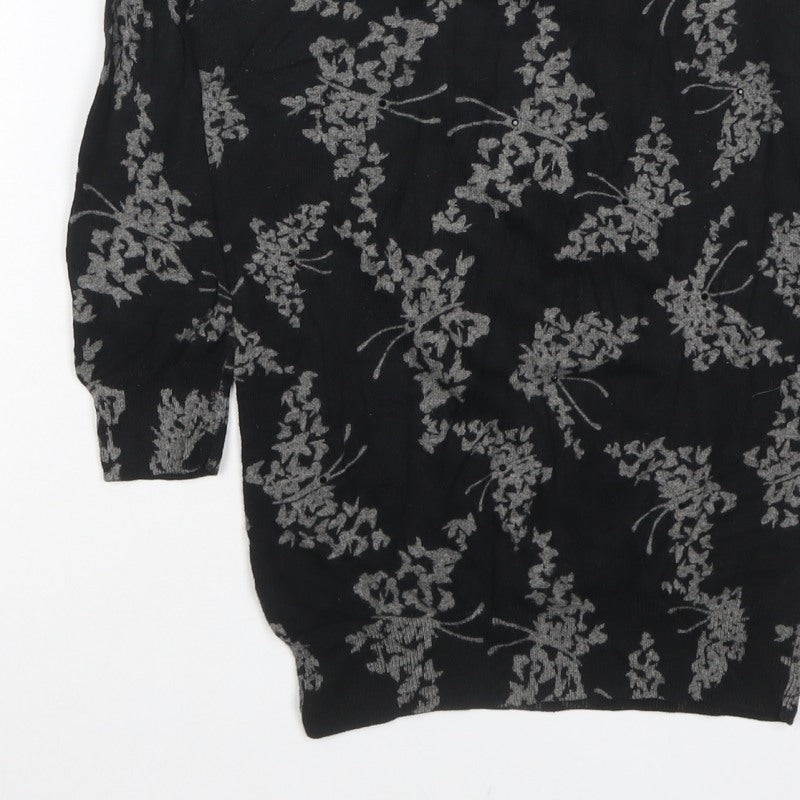 Next Women Black Grey Floral Knit Top Size 8 3/4 Sleeve Crew Neck