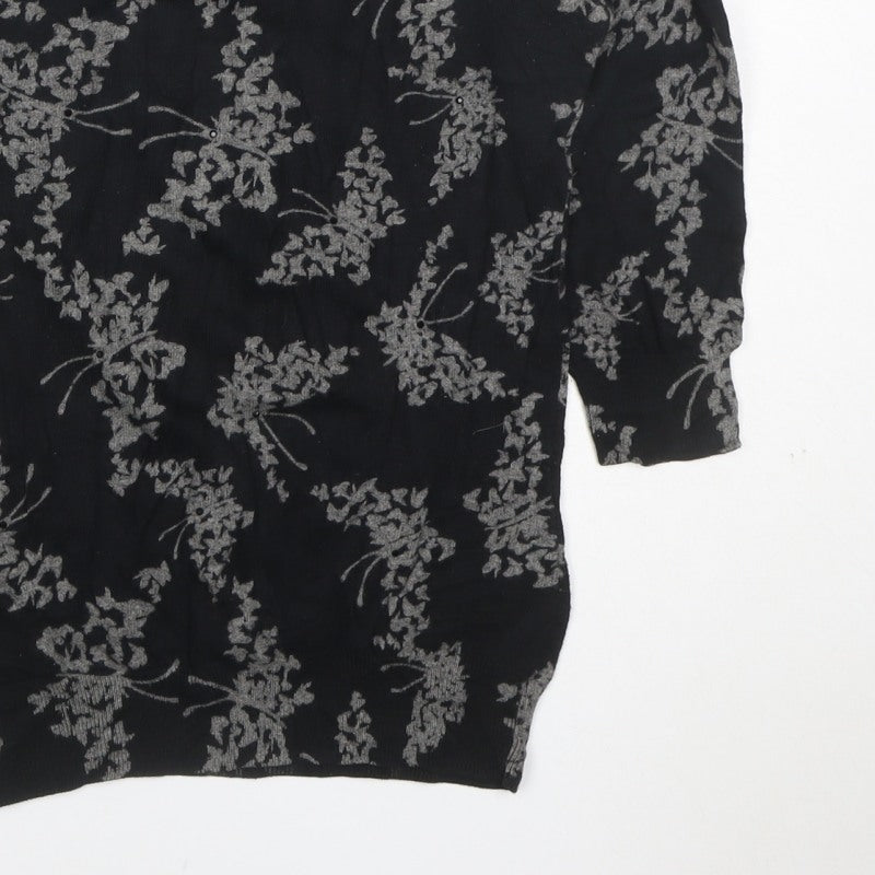 Next Women Black Grey Floral Knit Top Size 8 3/4 Sleeve Crew Neck