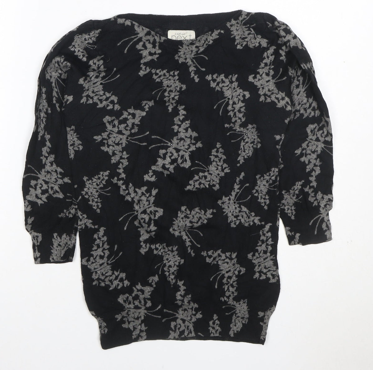Next Women Black Grey Floral Knit Top Size 8 3/4 Sleeve Crew Neck